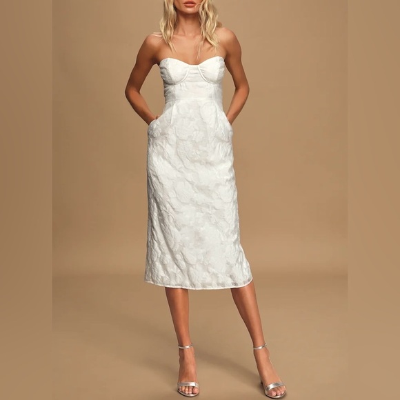 Lulus From This Day White Floral Jaqured Strapless Midi Bridal Dress Size XS - Picture 1 of 16